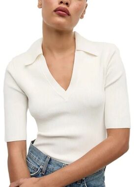 NEW Veronica Beard Emily Stretch Ribbed Knit Polo Top V-neck